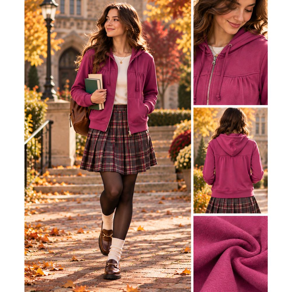 BCG Womens L Raspberry Full Zip Hoodie Gathered Yoke Plaid Lined Cotton Blend - Picture 7 of 7